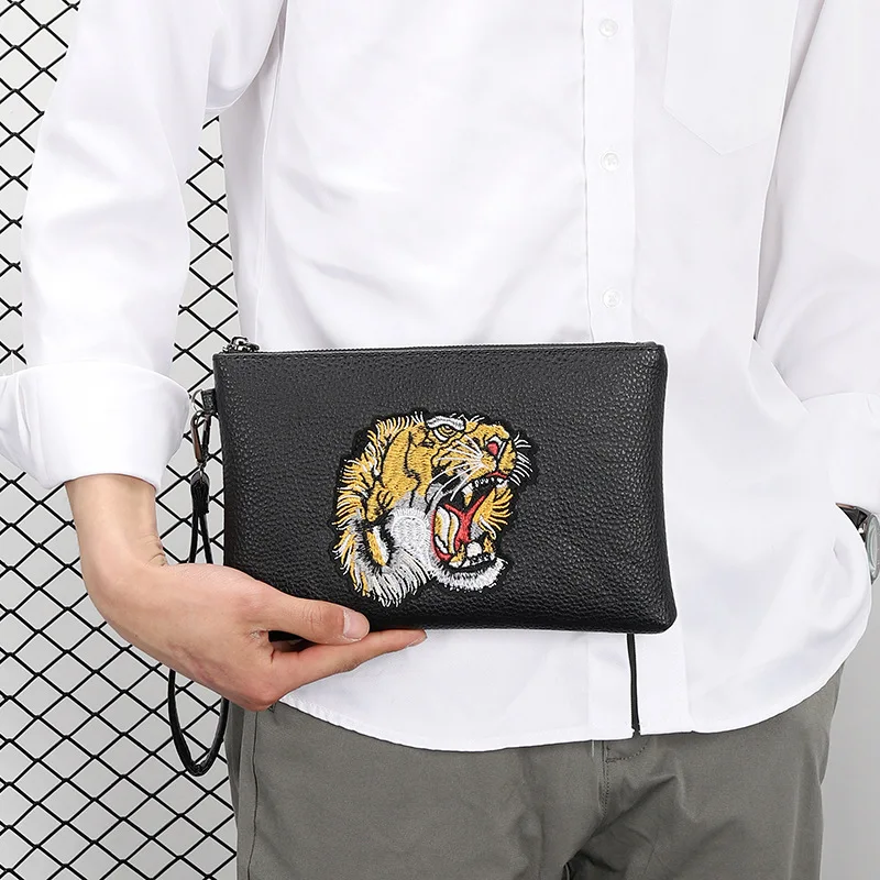 Men\'s Tiger Head Embroidered Clutch Bag PU Envelope Handbag