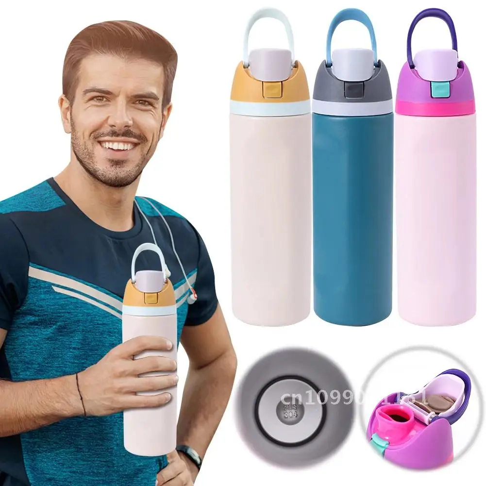 24oz Straw Vacuum Insulated Cup with Handle Portable Water Cup Beverages 304 Stainless Steel Bottle for Cold Hot Sports Water