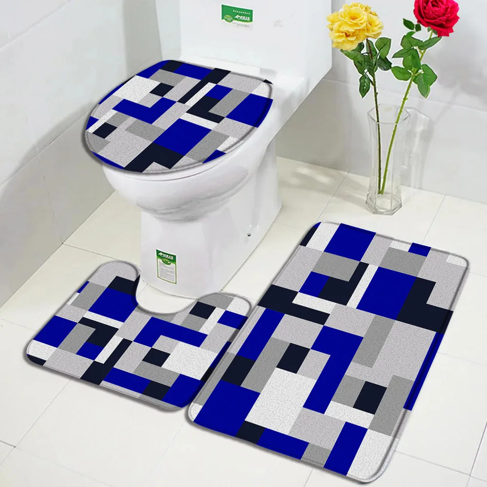 Creative Geometric Bath Mat Set Red Grey Black White Splicing Pattern Modern Bathroom Decor Carpet Non-slip Rug Toilet Lid Cover