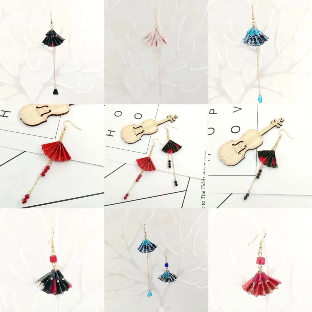 Vintage Japanese Style Origami Earrings for Women Hand Made Long Tassel Crystal Paper Fan Shaped Earring Jewelry Ethnic Gifts