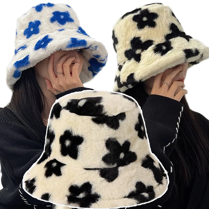 Kadınlar için yeni çiçek peluş kova şapka kürk balıkçı kap kış kalın sıcak Panama kapaklar yumuşak kadife kürklü havza şapka çiçek kaput