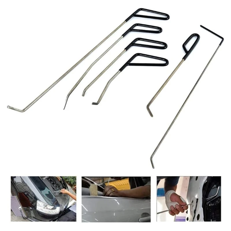 

6Pcs Car Body Paintless Repair Removal Tools Auto Door Dent Lifter Puller Repair Hooks Stainless Steel Push Rods Crowbars Kits