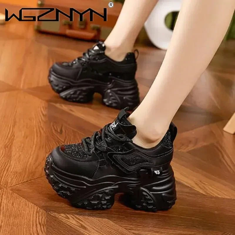 Spring Synthetic Genuine Leather 10cm Chunky Sneakers Women Comfortable Vulcanize Shoes NEW Bling Autumn Boots Mixed Color Shoes