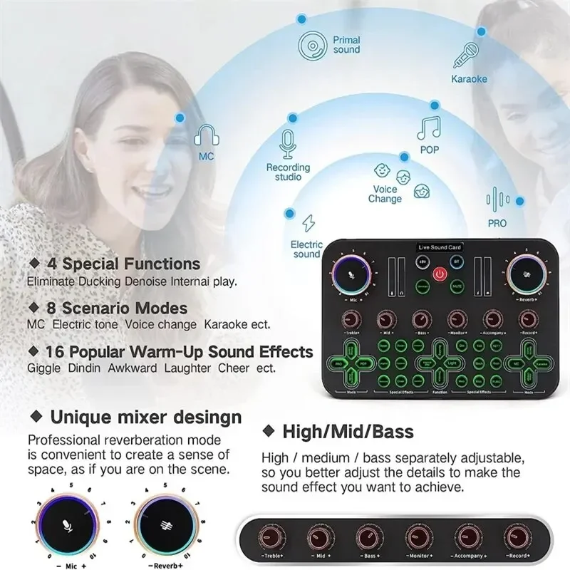 

High Quality Live Sound Card Audio Interface Mixer DJ Noise Reduction Console USB Record For Singing Digital Effect