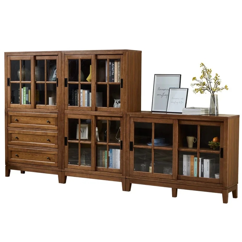 American Solid Wood Bookcase Glass Door Household Bookshelf Dustproof Study Floor Wall Locker Modern Simplicity Western Style