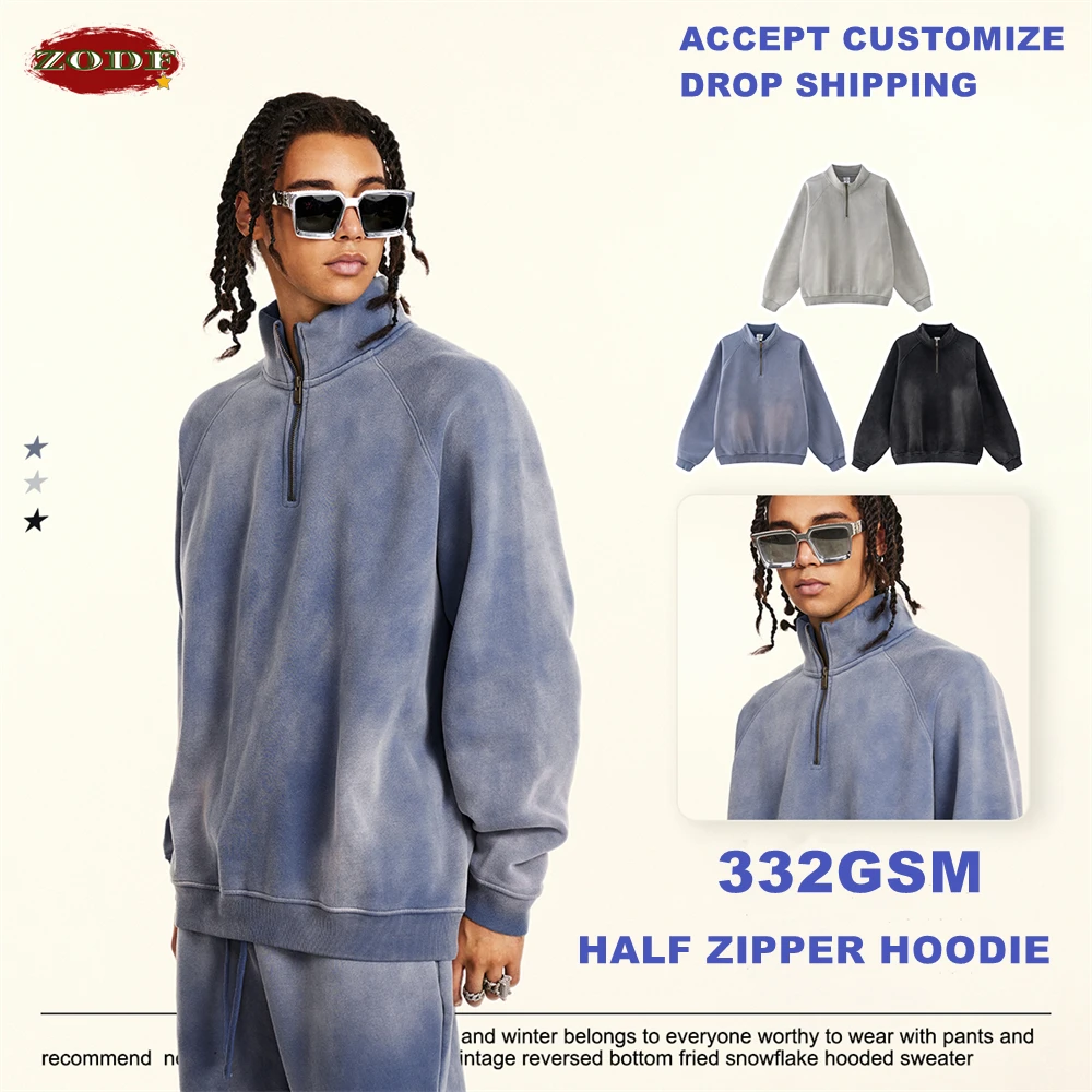 ZODF Retro 2024 Winter Monkey Washed Half Zipper Sweatshirt For Men Unisex 332gsm Sport Stand Collar Knitted Pullovers HY0906