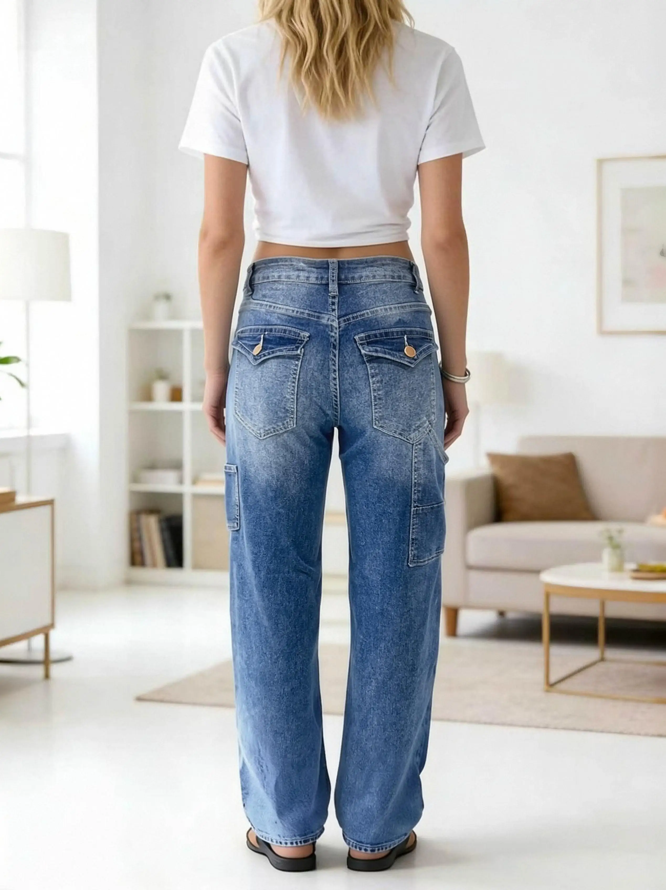 【HME】Jeans | Casual Utility Cargo‑Style Denim Pants, Ladies Straight Leg Denim Jeans, Multi‑Storage Pockets Design, Gradient Distressed Washed Craft, Durable Stitched Seams, Versatile Loose Pants For Shopping And Daily Outing