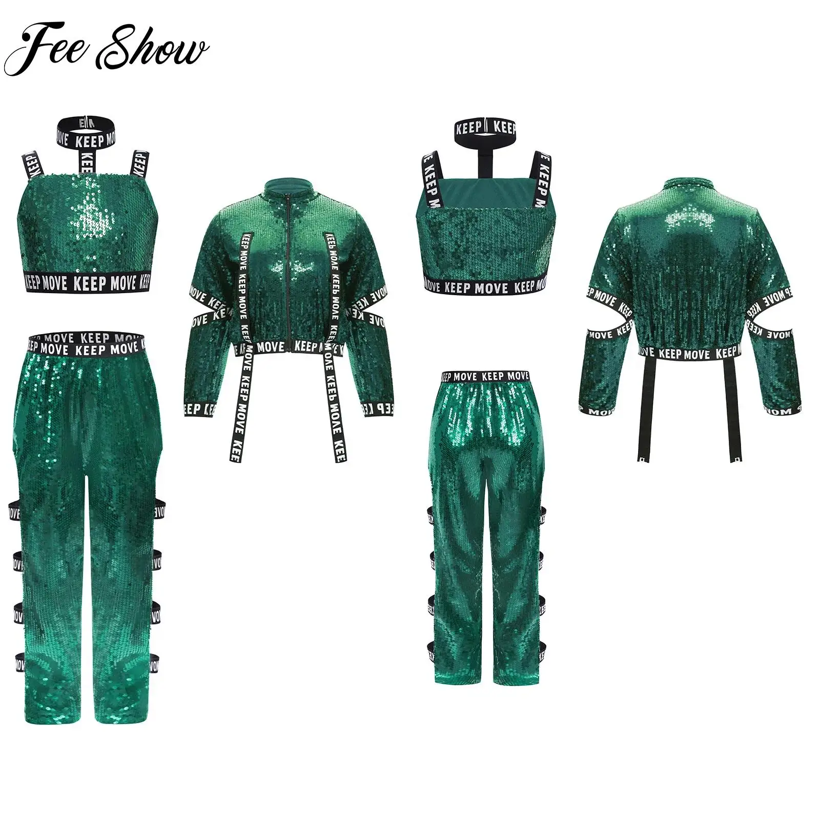 

Girls 3Pcs Hip-Hop Jazz Dance Outfit Glittery Sequin Vest with Long Sleeves Jacket And Cutout Pants for School Show Performance