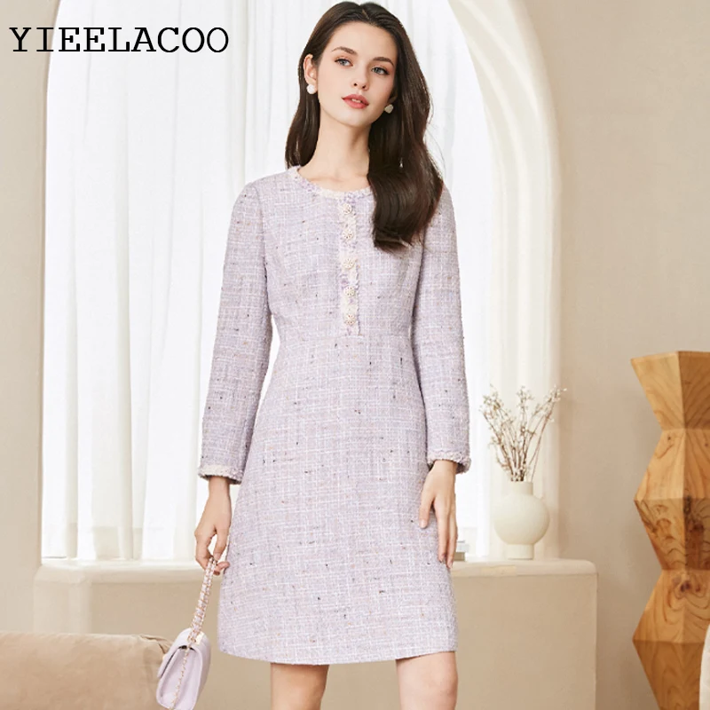 

Tweed dress Light Purple Spring / Autumn Women's Dress Ladies Slim Nottoming Dress One-piece