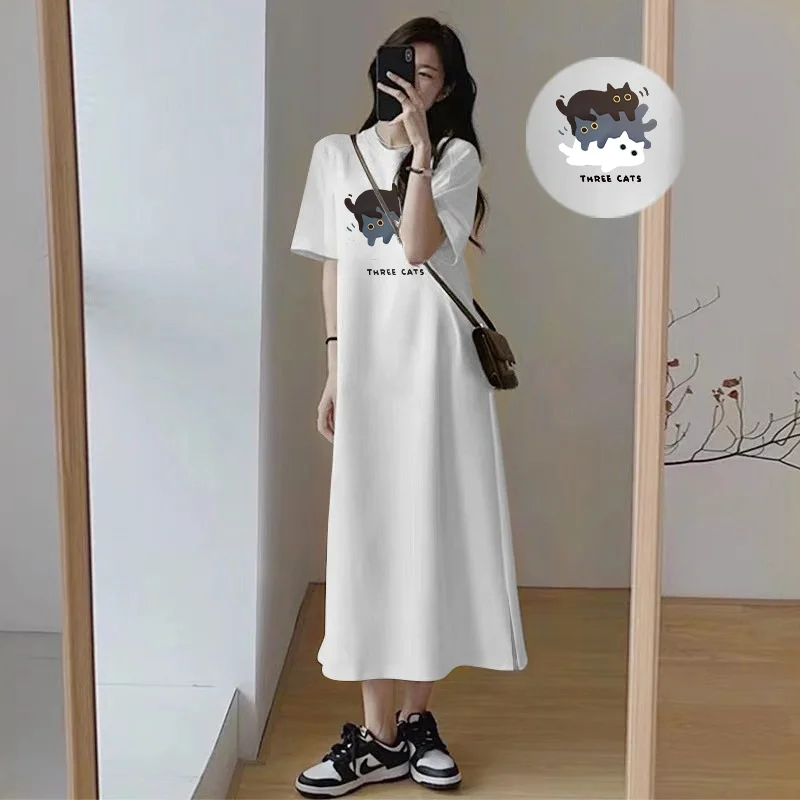 

2026 Summer New Korean-style Patterned Layered Cat Pattern Loose Large-Sized Casual Short-Sleeved T-Shirt Long Dress