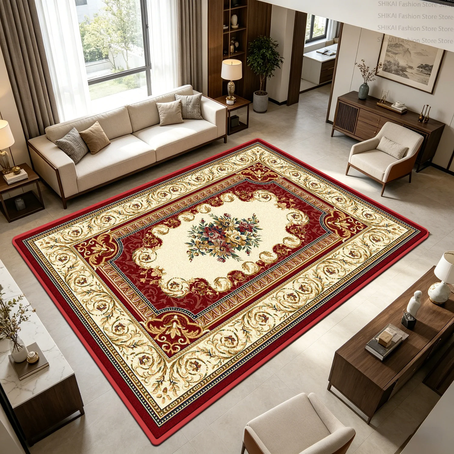 Red European Luxury Flower Style Office Carpet Large Area Easy Cleaning Soft Floor Mats Decoration Home Non-slip Lint-free Rug