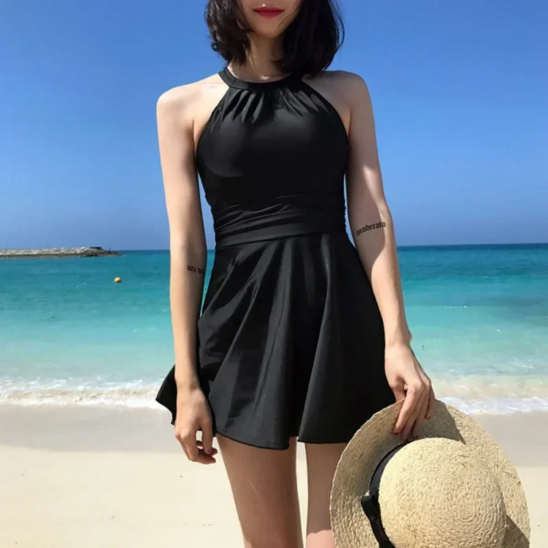 

Women's Conservative One-piece Skirt Black Large Swimsuit Style Flat Angle Slim Cover Belly Hot Spring Swimsuit