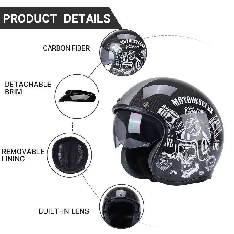 Personalized Flywheel Pattern Carbon Fiber Retro Motorcycle Helmets 3/4 Open Face Capacete Vintage Half Helmet Casco Scooter