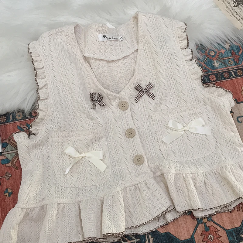 Spring Kawaii Lolita Ruffle Knitted Sweater Vest Women Japanese Cute Bow Sweaters Cardigan Coat Autumn Korean Fashion Waistcoats