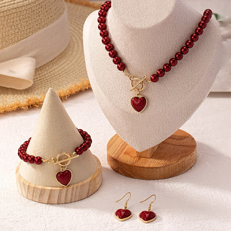 Red Heart Shape Pendant Necklace Earrings Bracelets Set for Women Imitation Pearl Elegant Luxury Quality Jewelry Wedding Gifts