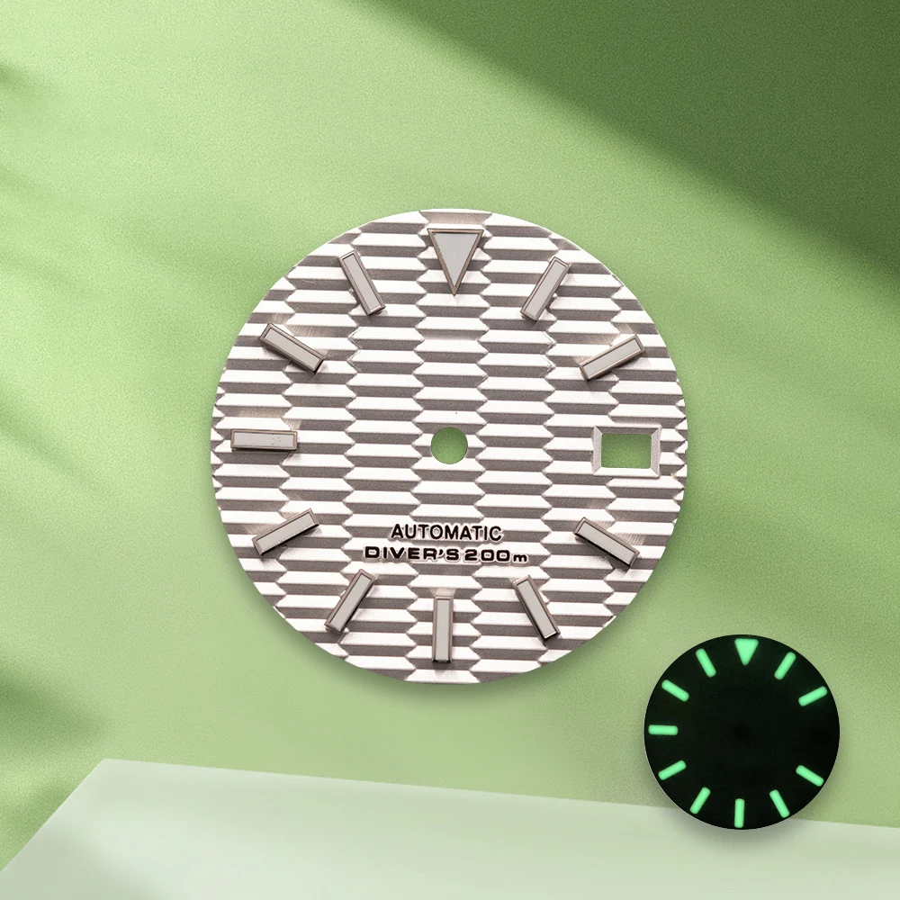 28.5mm S Logo SKX007 Slope white Dial No Hands Fit NH35/NH36 Japan Movement Green Luminous Watch Modification Accessories