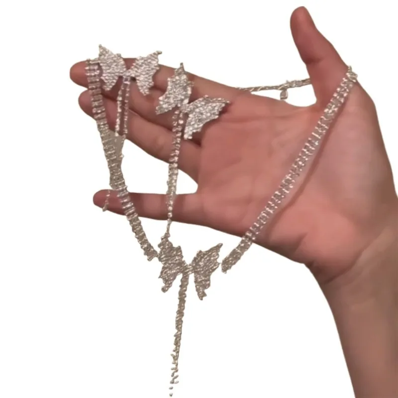 

Super flash full diamond butterfly tassel necklace women's light luxury niche high-end collarbone chain new trendy