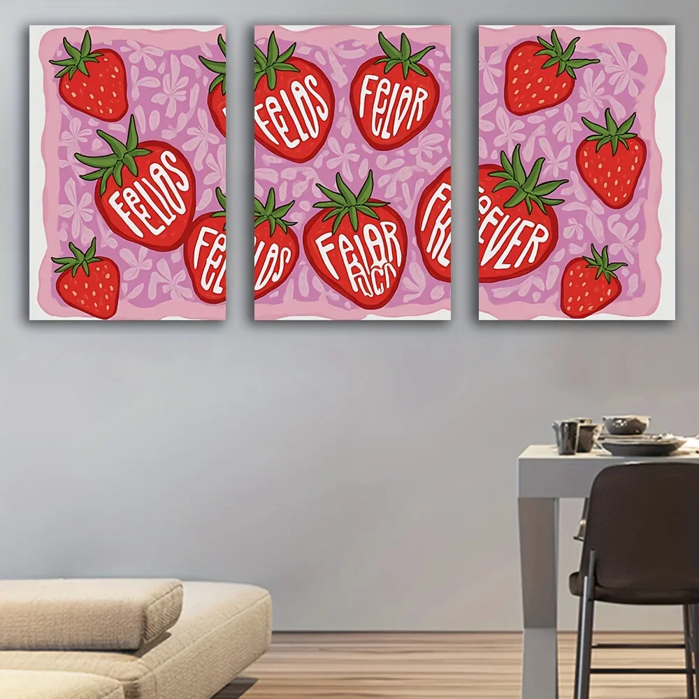 2D Flat 3pcs frameless   Vertical Pink Strawberry Wall Panels - Modern Spray-Painted Canvas Art Suitable for Living Room, Bedroo