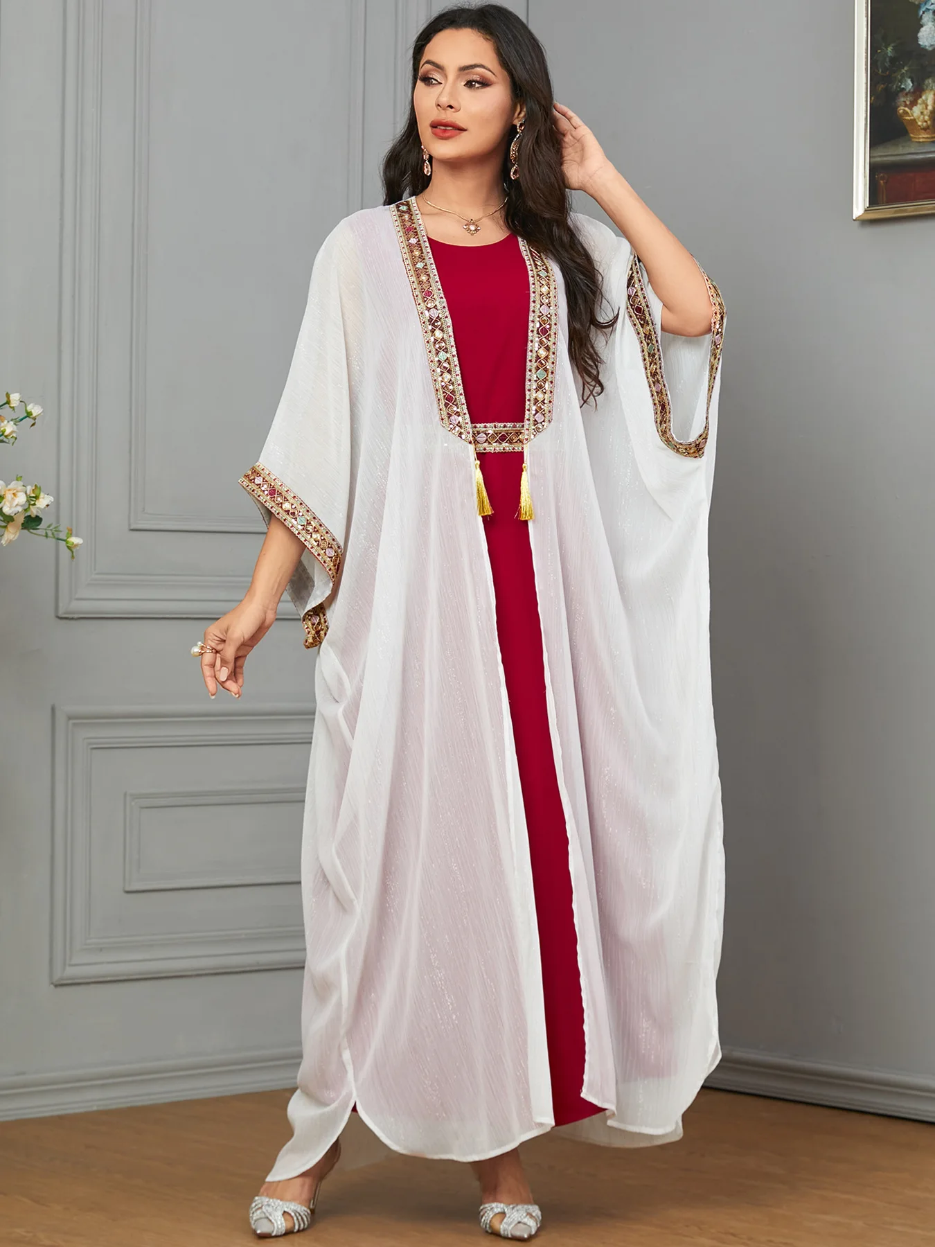 Robe de soirée musulmane Eid pour femmes, Abaya Ramadan, Robe longue avec ceinture, Caftan marocain, VestiEducational Largos, Dubai Jalabiya, 2024, Ensemble 2 pièces