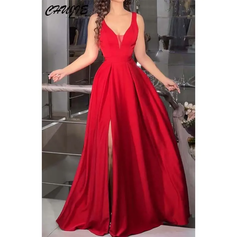 

Red Chiffon V Neck Prom Dress A line Pleat With Side Slit vestidos de noche Floor Length Formal Evening Dress 2025 Customized