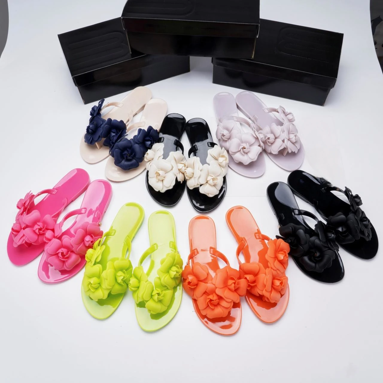 Summer Women's Jelly Shoes Brazil 3D Camellia Flower Flat Bottom Slippers 7 Colors Candy Color Flower Beach Shoes Flip Flops