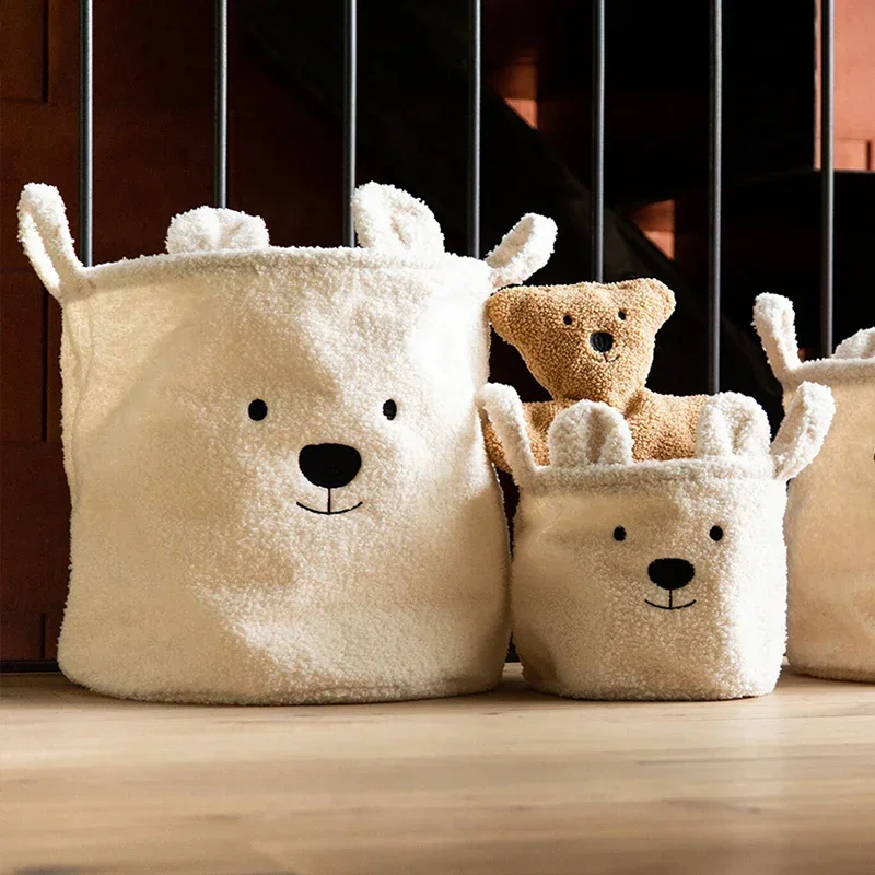 

Children Room Storage Basket Cute Teddy Bear Folding Basket for Laundry Toys Soft Sherpa Sundries Storage Bag Organizer