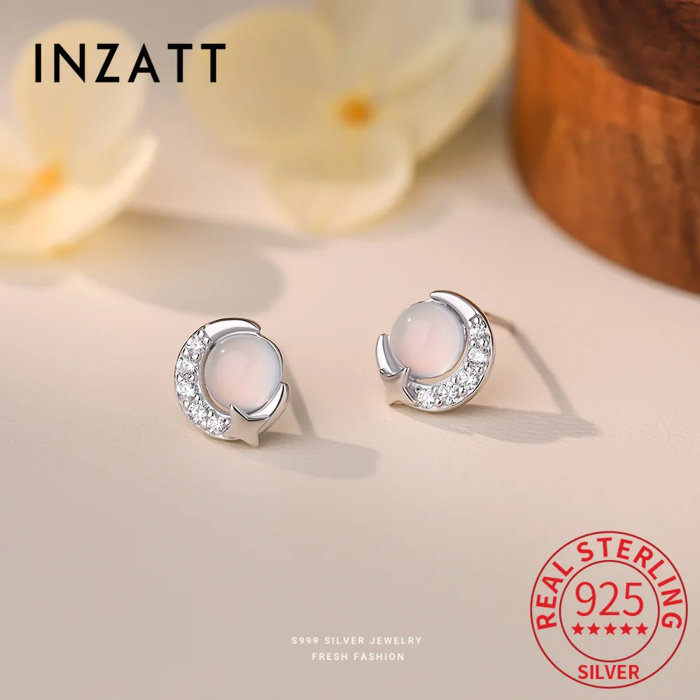 

INZATT Real 925 Sterling Silver Zircon Moon Star Stud Earrings for Women Party Cute Fine Jewelry Geometric Accessories