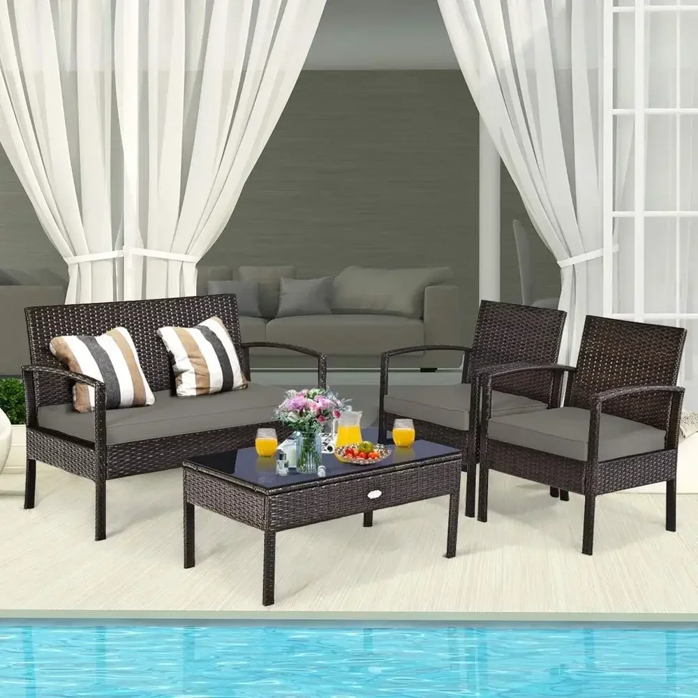 8-Piece Outdoor Patio Furniture Set, Cushioned Rattan Wicker Loveseat Sofa with Glass Top Coffee Table