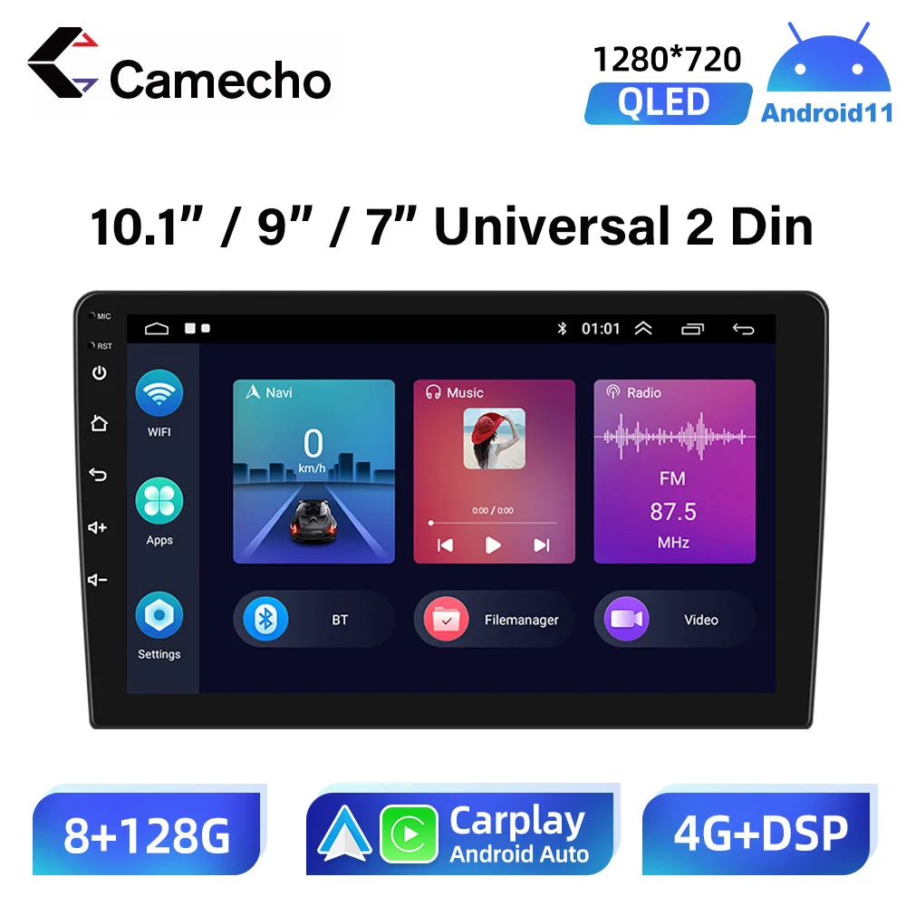 Camecho-Radio con GPS para coche, reproductor de DVD con Android 11, 2DIN, AHD, 2.5D, 10,1 pulgadas, HD, Maltimedia, estéreo, 2GB + 32GB, Carplay