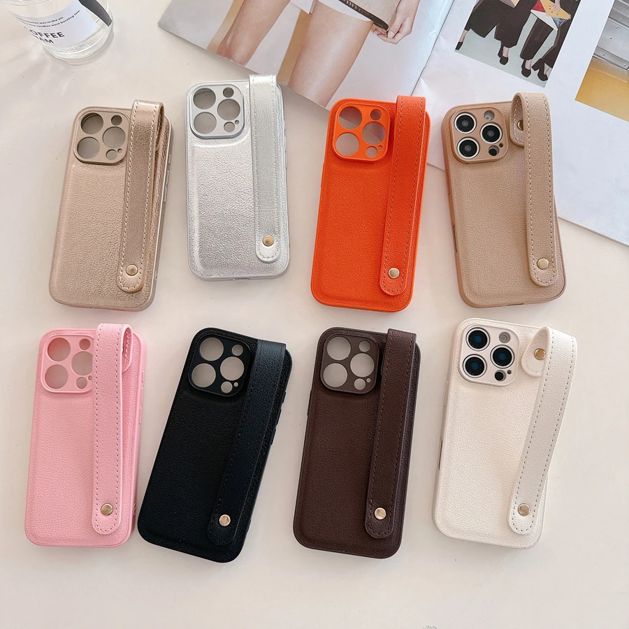 Luxury Elegant Leather Wrist Strap Holder Case For iPhone 16 15 14 Plus 13 12 11 Pro Max Rivet Shockproof Soft TPU Cover