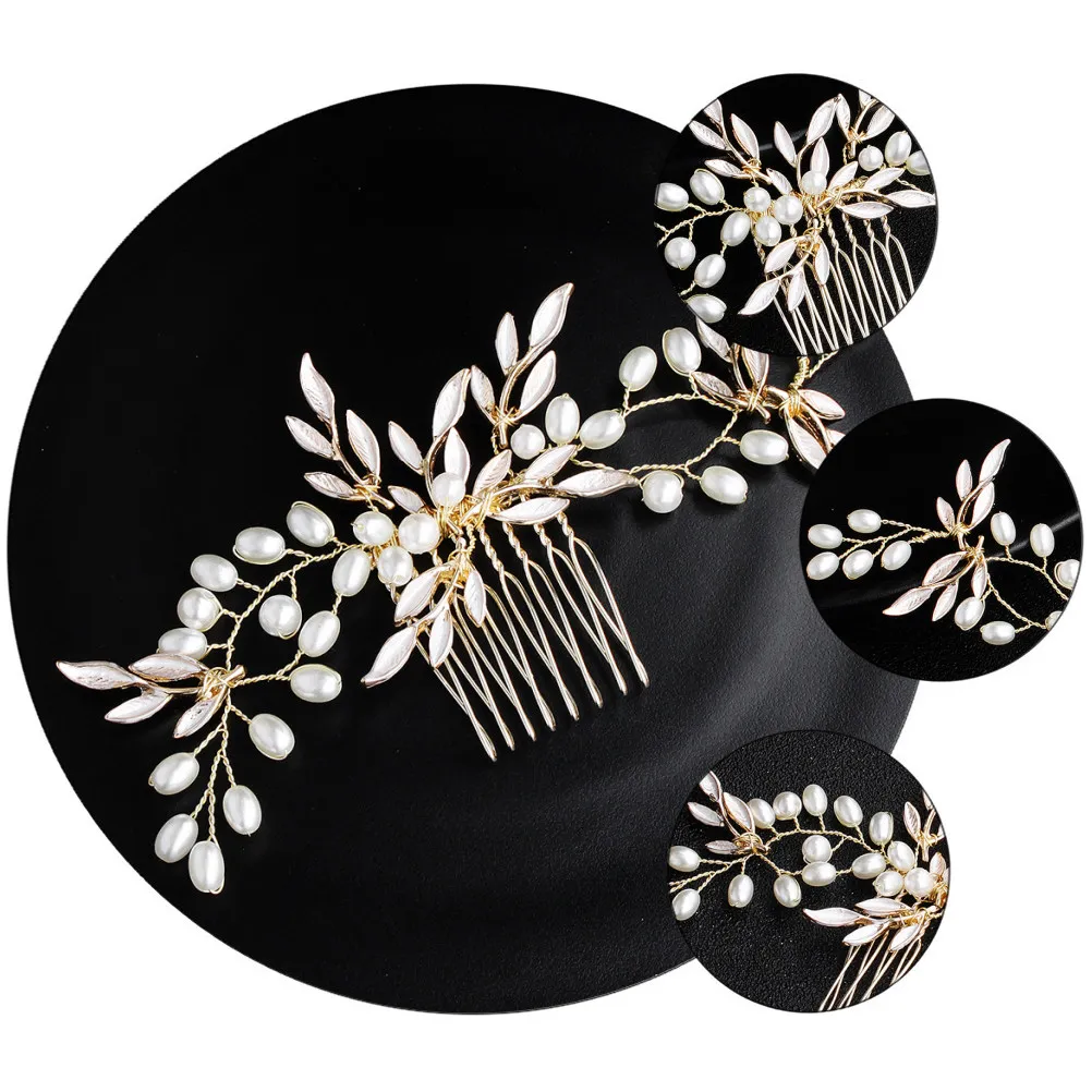 Peigne à cheveux de mariée en alliage, motif feuille florale avec perles simulées, accessoire de coiffure exquis fait main pour mariages et fêtes (1 pièce)