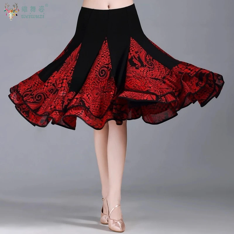Dame Moderne Schaukel Rock Walzer Ballroom Dance Praxis Rüschen Langen Rock Frauen Ballroom Dance Halb Rock Gedruckt Lange Kleider