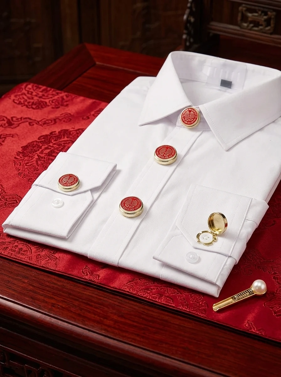Chinese Wedding Double Happiness No-Sew Button Covers Clasp Red Enamel Gold Plated Snap-On Decorative Fasteners for Groom Shirts