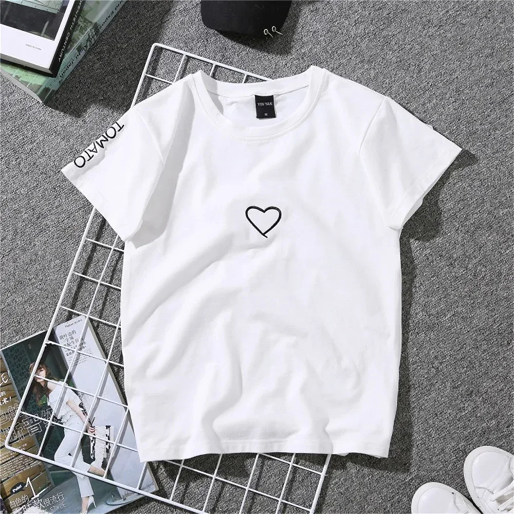 Camiseta feminina com bordado monocromático Love Heart, amantes, casual, tops brancos, feminina, casais, verão, nova