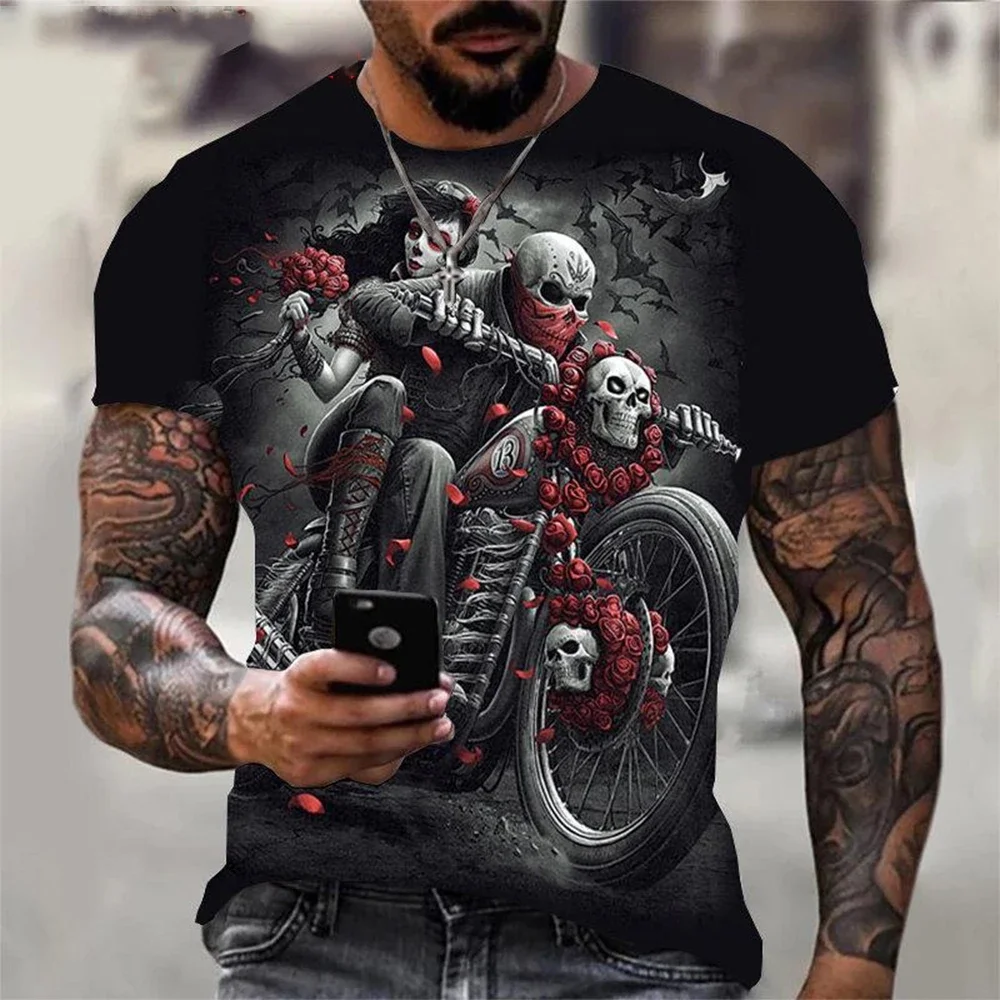 Camiseta de Verano para Hombre, Estilo Hip Hop Retro, con Estampado Gráfico de Calavera 3D, Manga Corta, Suave, Holgada, Informal, para Uso Diario