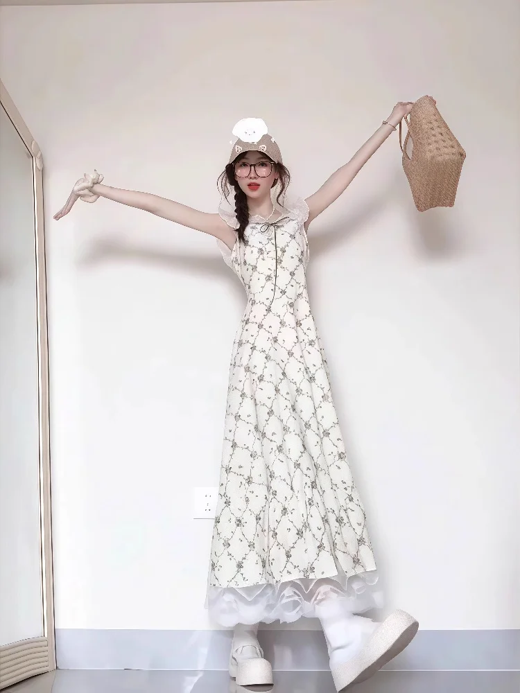 Romantic Lace Trim Floral Print Women's Dr A-Line Long Skirt Spring New Sle Country Fre Sle Waist-Cinching Design