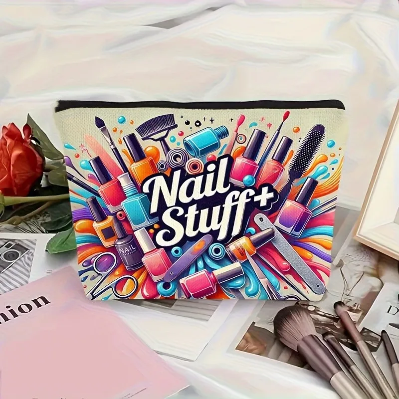 1pc Vibrant Nail Stuff Pattern Makeup Bag - Lightweight & Zippered Cosmetic Pouch with Colorful Nail Art Design