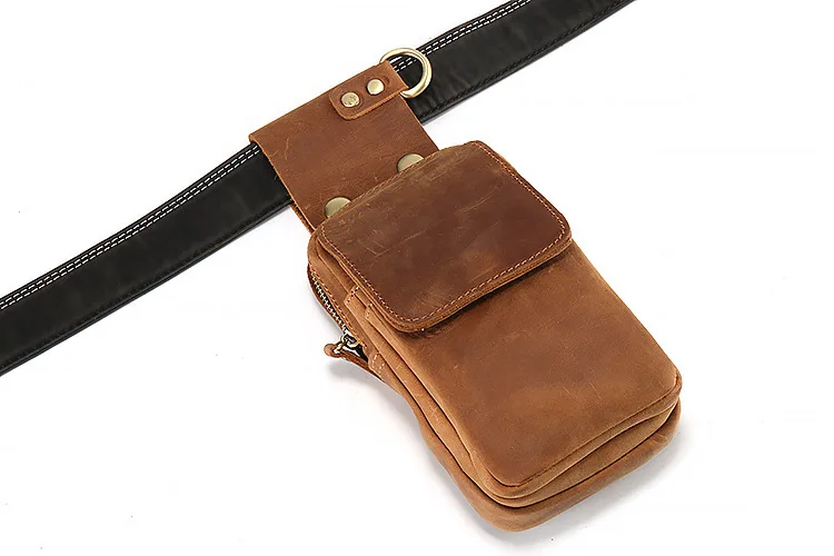 Men\'s waist bag leather men\'s phone pouch retro male small fanny pack top layer crazy horse leather 6.5\