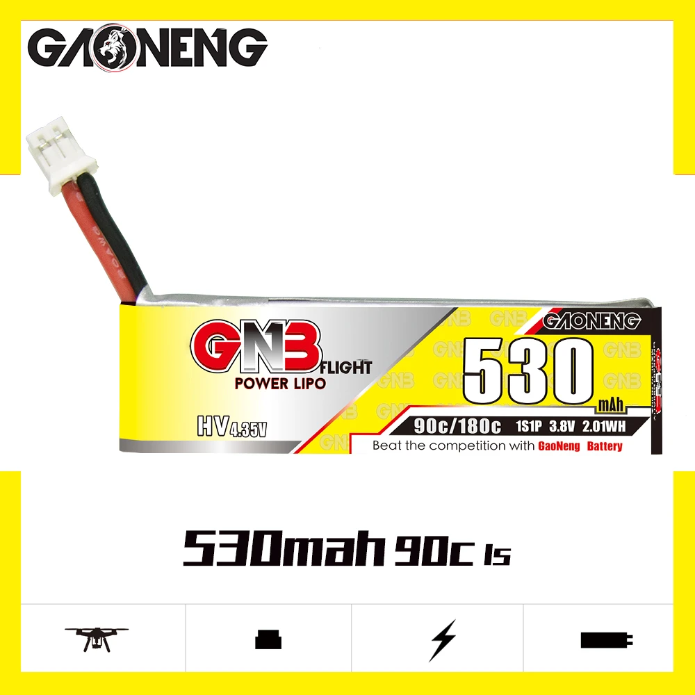 

6PCS Gaoneng GNB 530mAh 1S 3.8V 90C HV LiPo Battery with PH2.0/GNB27/A30/JST Plug for Mini FPV RC Racing Drone