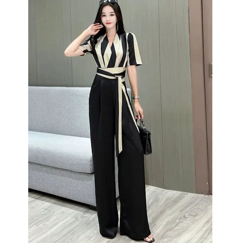 Striped Short Sleeved Jumpsuit For Women\'s Summer 2024 High-End Acetic Acid V-Neck Waist Cinching Slimm Jumpsuit Wide Leg Pants