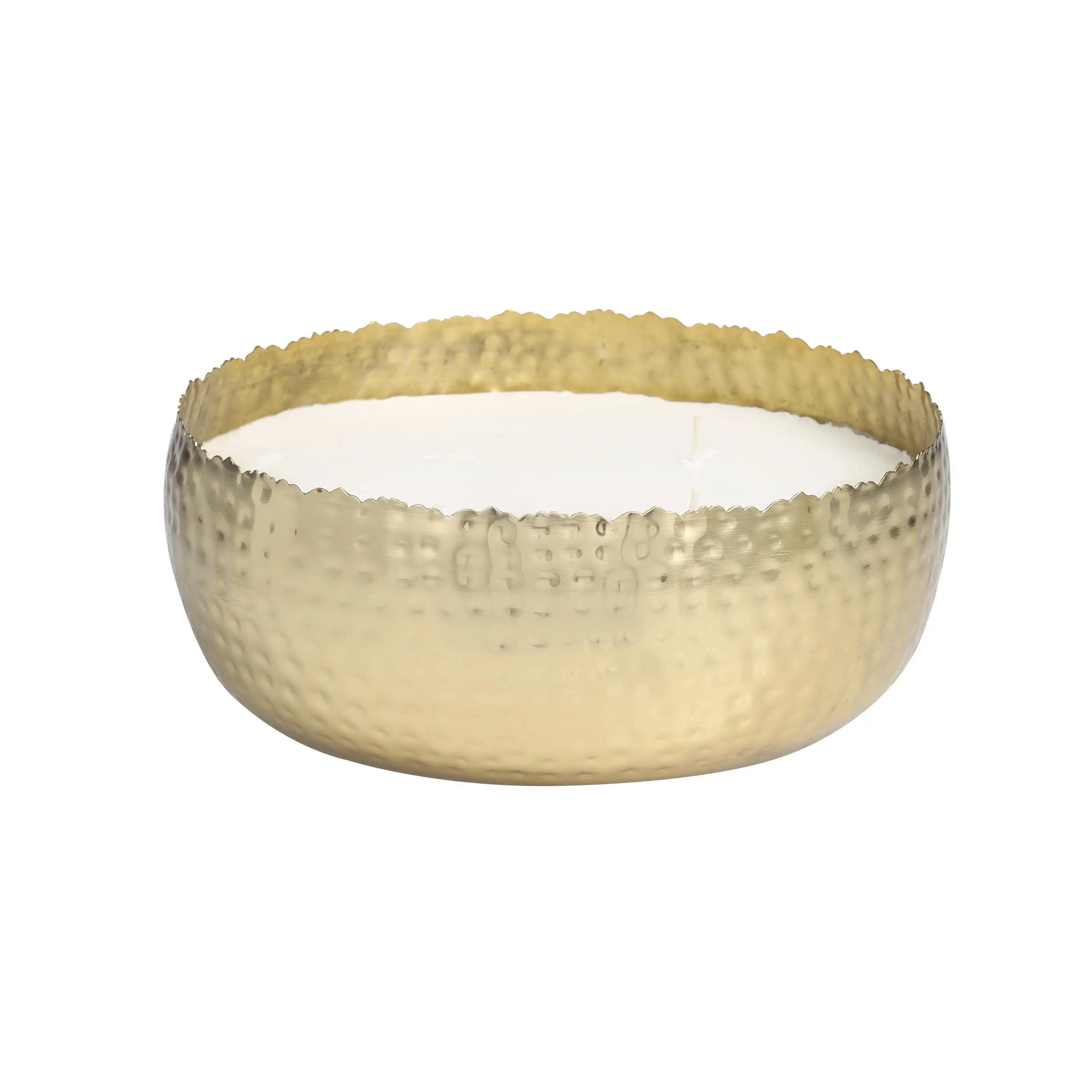 

Gold Metal English Garden Scented Wide Hammered 90 oz 4 Wick Candle with White Wax