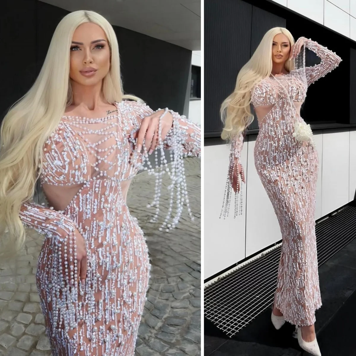 Illusion Evening Dress Pearls Embellished Long Sleeves Hollow Waist Tassel Sheer Patchwork Sequin Celebrity Party Customized