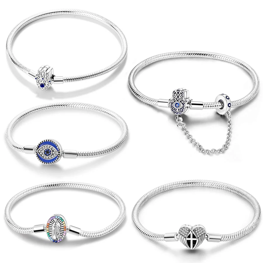 

Браслеты из серебра 925 пробы с покрытием, 17-20 см, оригинальный браслет в форме сердца «Глаз дьявола», подходит для подвесок «сделай сам», бусины, модные женские украшения