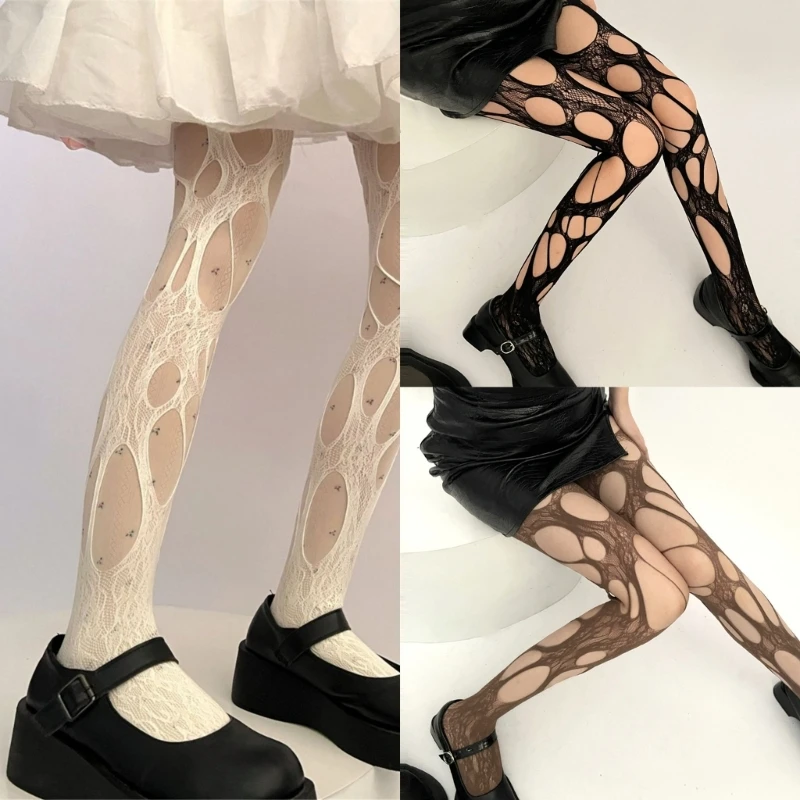 Women Sexy See Through Rose Flower Fishnet Tights Stockings Hollowed Out Irregular Distressed Hole Sheer Mesh Pantyhose