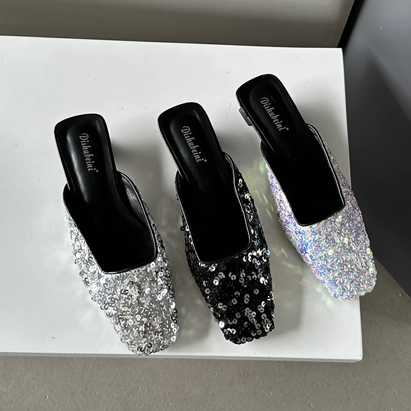 

Summer Square Toe Thinestone Sequin Women's Slippers Bling Shiny French Elegant Woman Shoes Slip On Slides Low Heel Sandals Pump