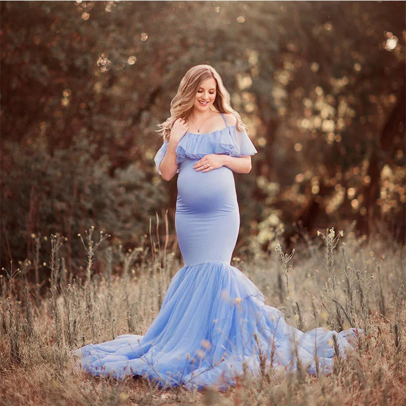 Off Shoulder Bodycon Mermaid Maternity Dresses Pregnancy Photoshoot Dress Women Summer Chiffon Floor Length Maxi Long Robe Femme