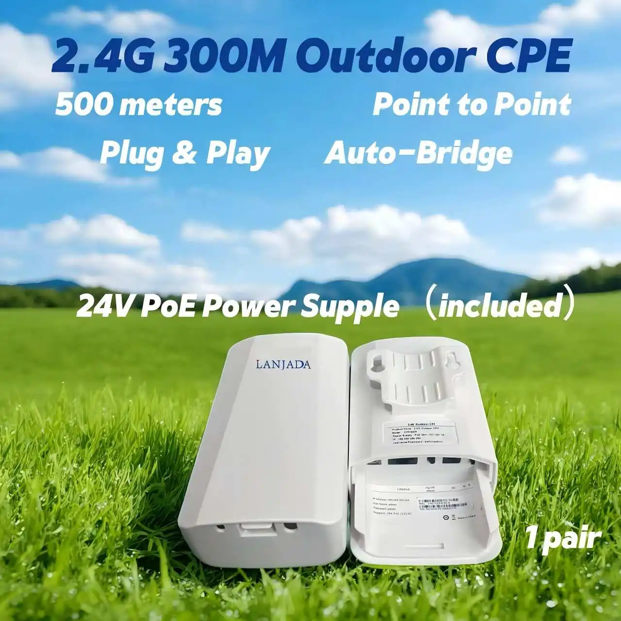 1 Pair 300Mbps Outdoor WiFi Bridge 2.4G CPE 500m Signal Extender AP Access Point 24V PoE 8dBi Antenna Gain A Pair of Package