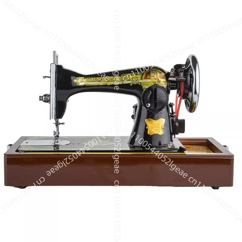 

Old-fashioned sewing machine for home use; electric, thick-cutting, table-top, portable, foot-pedal, mini.