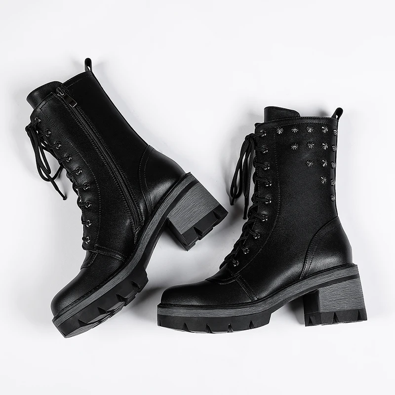 British Style Retro Metal Rivet Locomotive Boots Lace-Up Zipper Square Heel Height Increase Slim Knight Boots Sexy Women's Boots