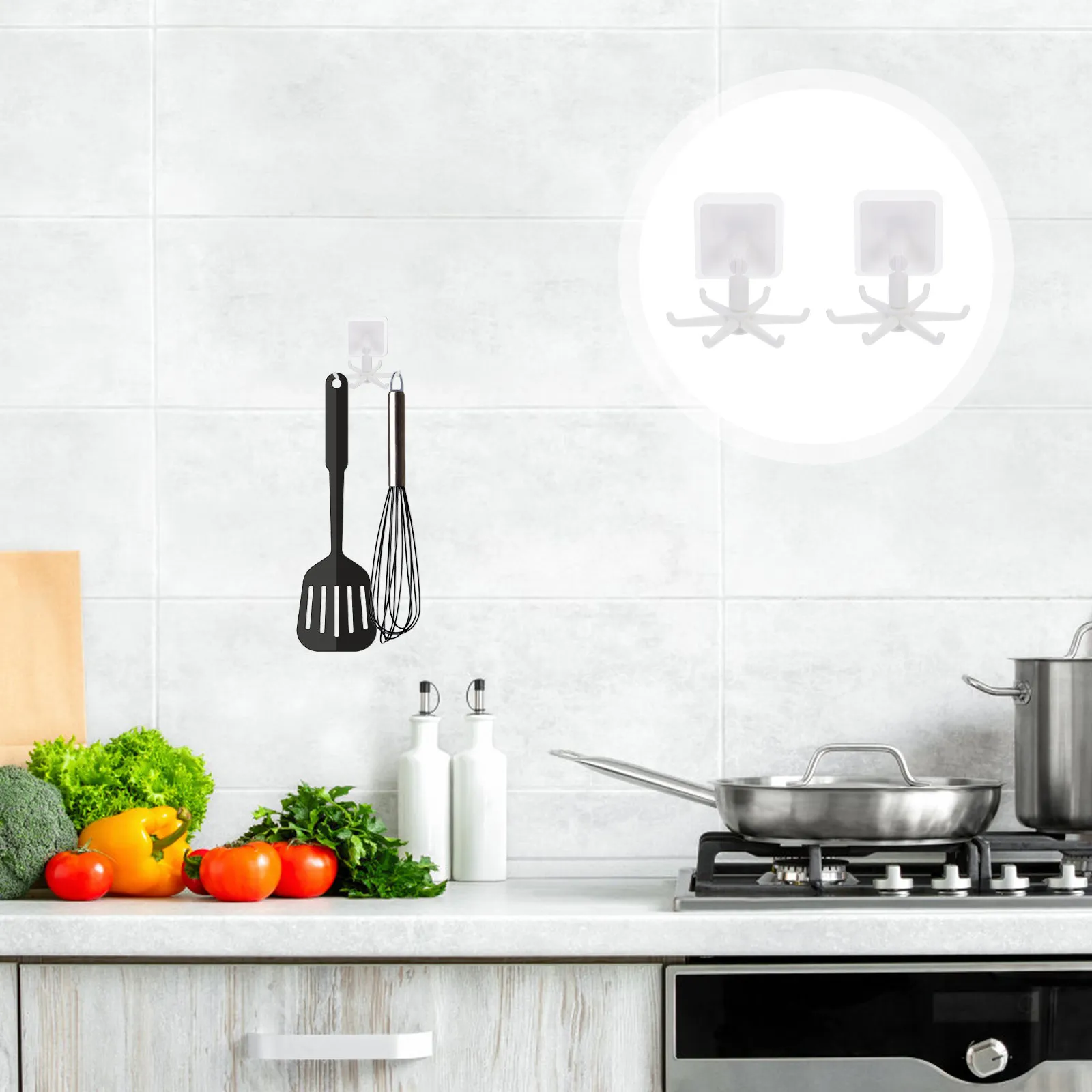 4Pcs Space Saving Rotating Kitchen Utensil Holder Wall Mount Spatula Shelf Soup Ladle Rack Multi Purpose Cooking Tool Organizer